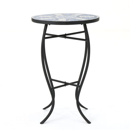 Outdoor Round Side Table With Mosaic Style Top And Curved Iron Legs - Blue / Matte Black
