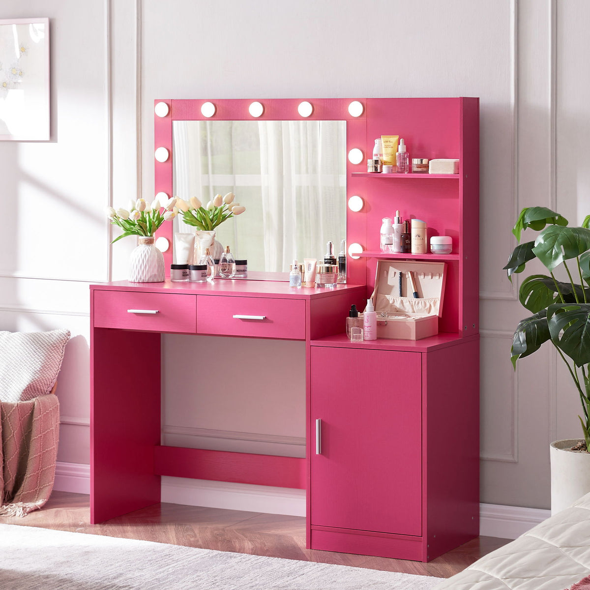 Tocador con espejo e iluminación, tocador de 128 cm con 2 cajones grandes y organizador vertical grande, 3 niveles de altura y 3 modos de iluminación con brillo ajustable, ideal para dormitorio.