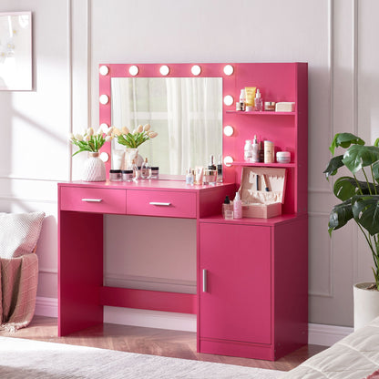 Tocador con espejo e iluminación, tocador de 128 cm con 2 cajones grandes y organizador vertical grande, 3 niveles de altura y 3 modos de iluminación con brillo ajustable, ideal para dormitorio.
