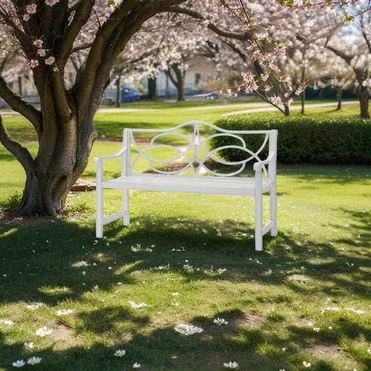 Banco de jardín exterior con respaldo y reposabrazos, asiento de listones para parque, patio, porche y balcón, capacidad para 2-3 personas - Blanco