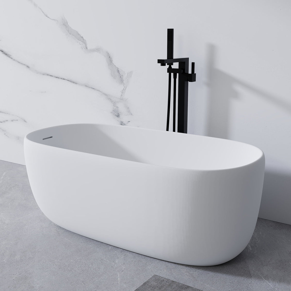 Bañera independiente de piedra de resina, superficie sólida, moderna, con rebosadero y desagüe automático, color blanco mate.