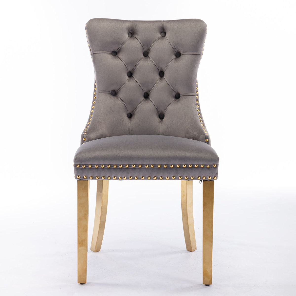 Nikki - Silla de comedor moderna y de alta gama, de madera maciza capitoné, tapizada en terciopelo, con patas de acero inoxidable dorado y ribete de tachuelas (juego de 2)