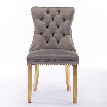 Nikki - Silla de comedor moderna y de alta gama, de madera maciza capitoné, tapizada en terciopelo, con patas de acero inoxidable dorado y ribete de tachuelas (juego de 2)