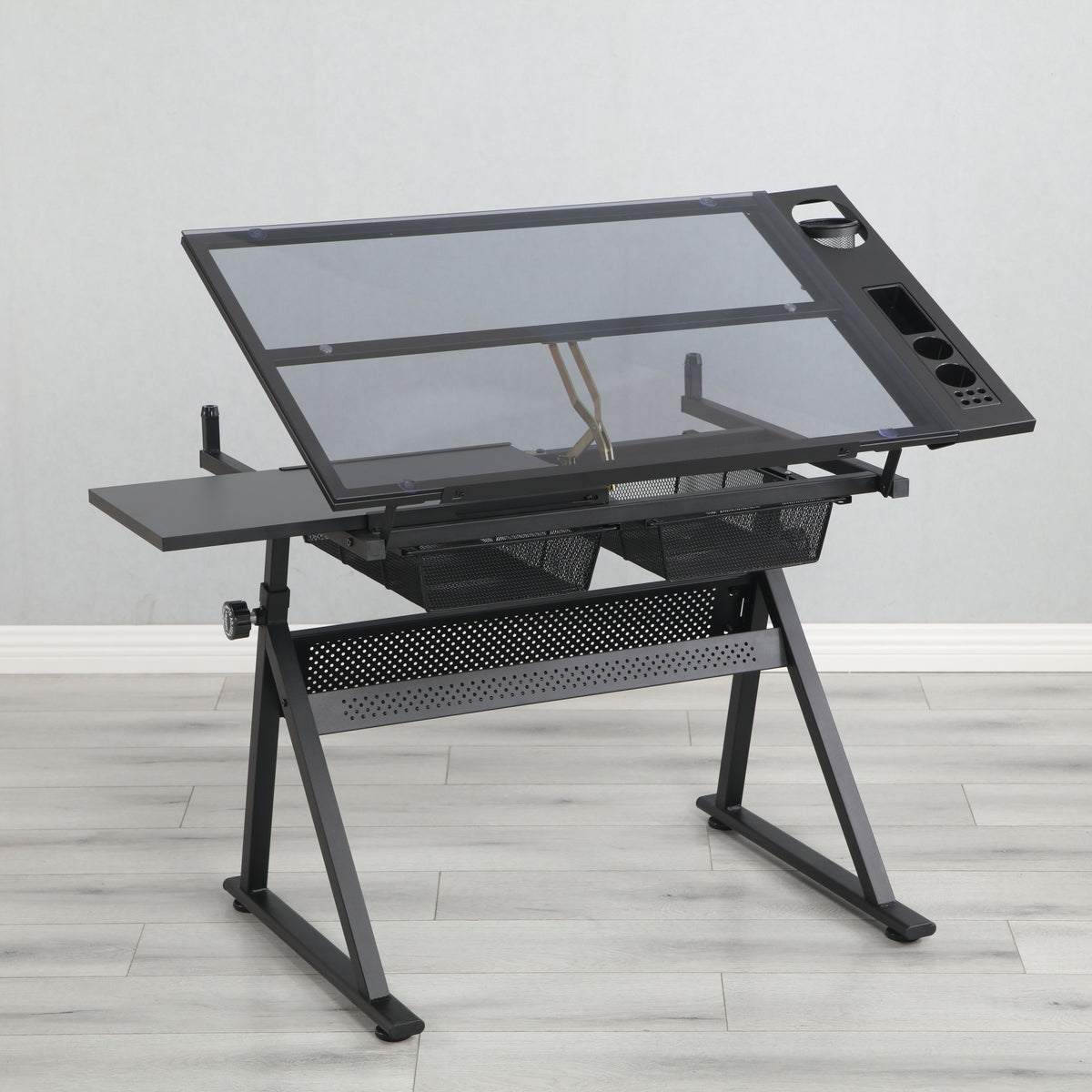 Mesa de dibujo e impresión de vidrio templado ajustable con silla