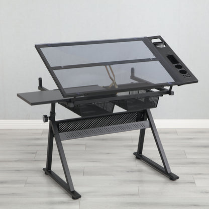 Mesa de dibujo e impresión de vidrio templado ajustable con silla