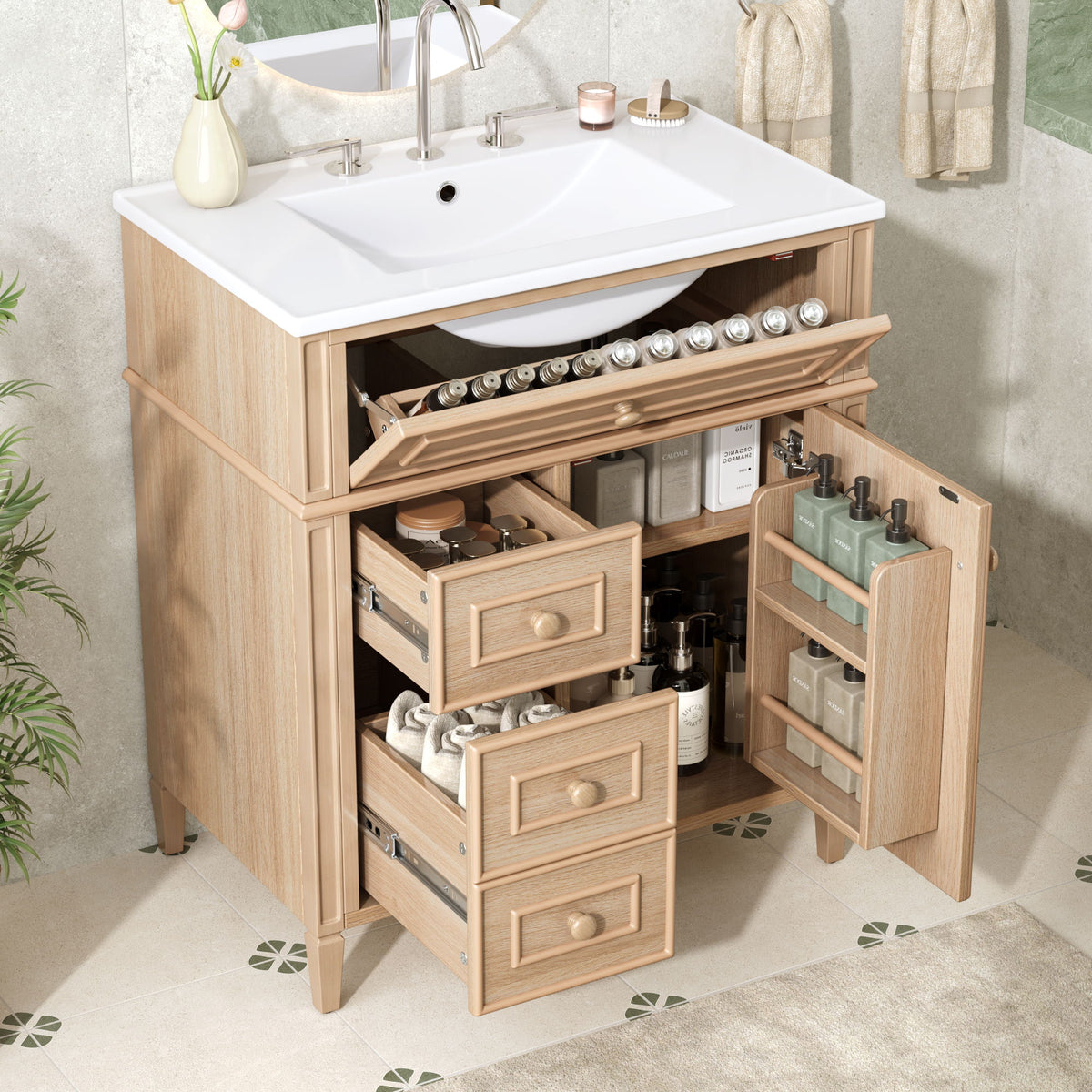 Bathroom Vanity With Sink, Flip Out Drawer, 2 Soft Close Drawers, 1 Soft Close Door - Wood