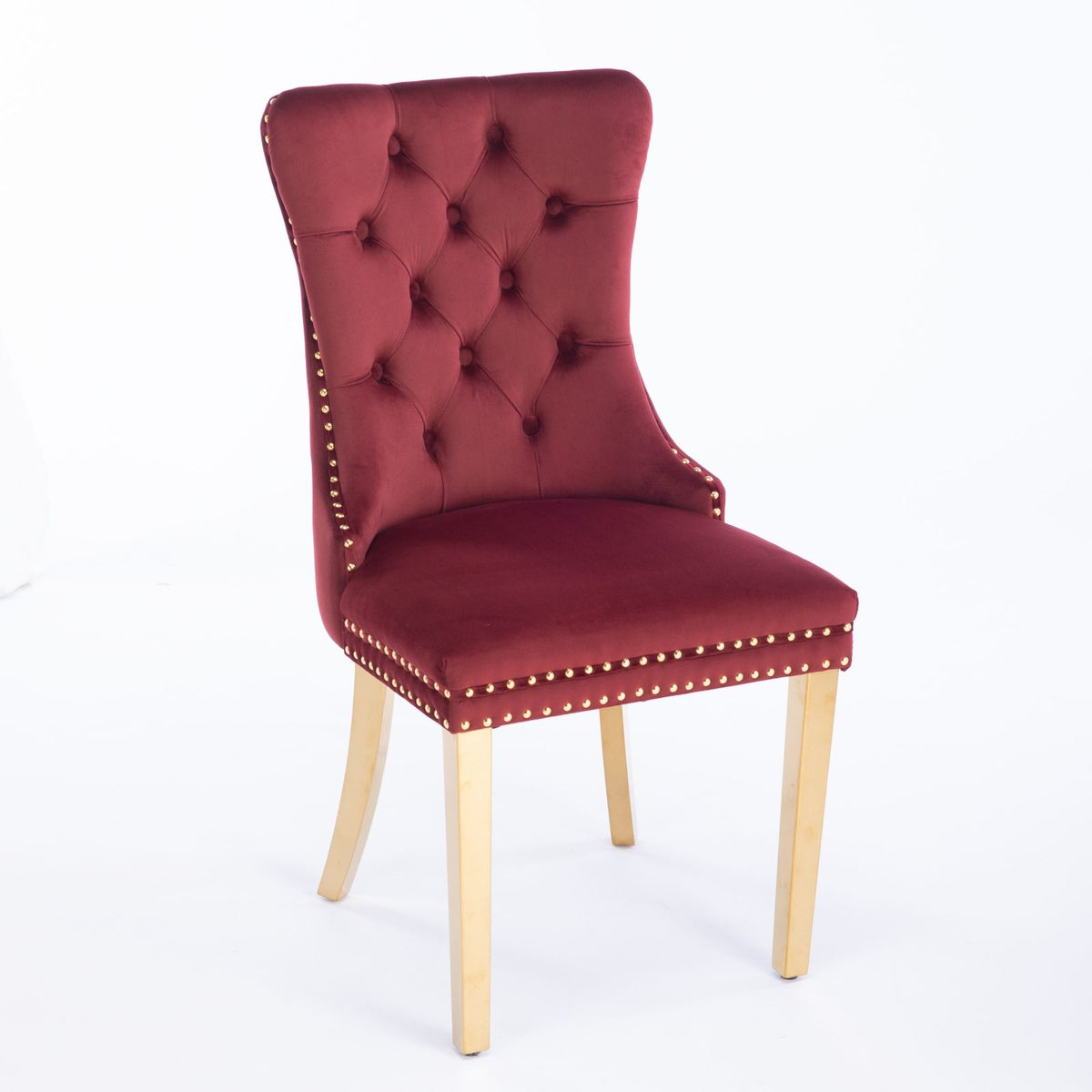 Nikki - Silla de comedor moderna y de alta gama, de madera maciza capitoné, tapizada en terciopelo, con patas de acero inoxidable dorado y ribete de tachuelas (juego de 2)