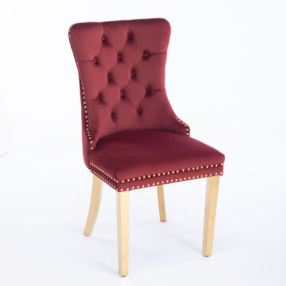 Nikki - Silla de comedor moderna y de alta gama, de madera maciza capitoné, tapizada en terciopelo, con patas de acero inoxidable dorado y ribete de tachuelas (juego de 2)