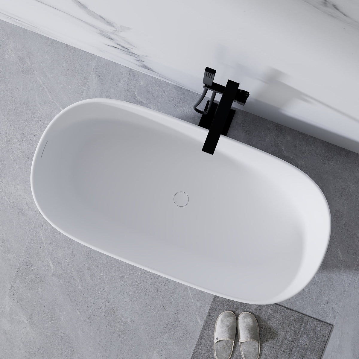 Bañera independiente de piedra de resina, superficie sólida, moderna, con rebosadero y desagüe automático, color blanco mate.
