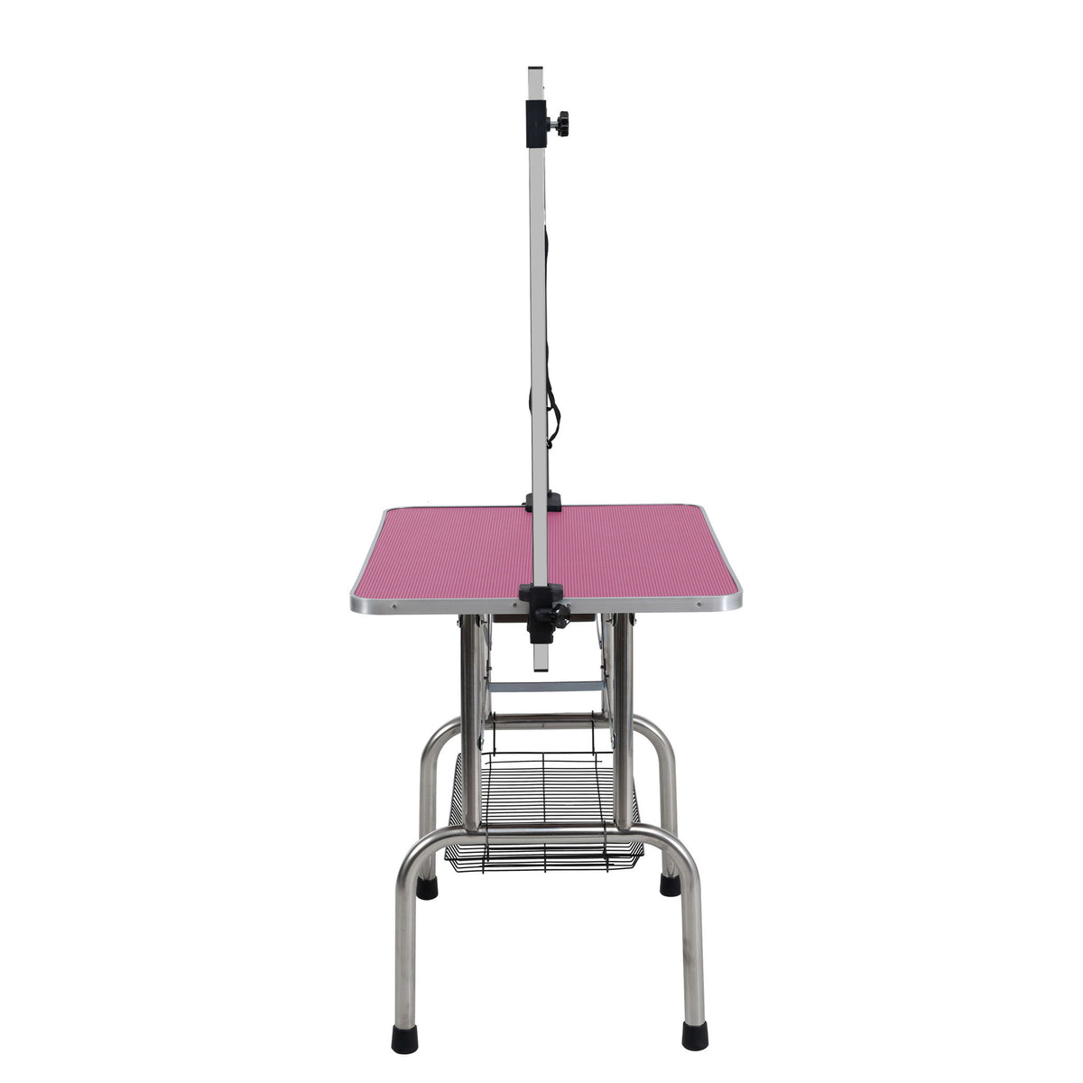Mesa de aseo plegable para perros y gatos con marco de acero inoxidable y alfombrilla de goma integrada, brazo ajustable y abrazaderas.
