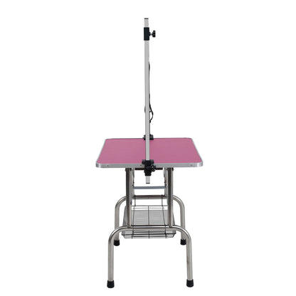 Mesa de aseo plegable para perros y gatos con marco de acero inoxidable y alfombrilla de goma integrada, brazo ajustable y abrazaderas.