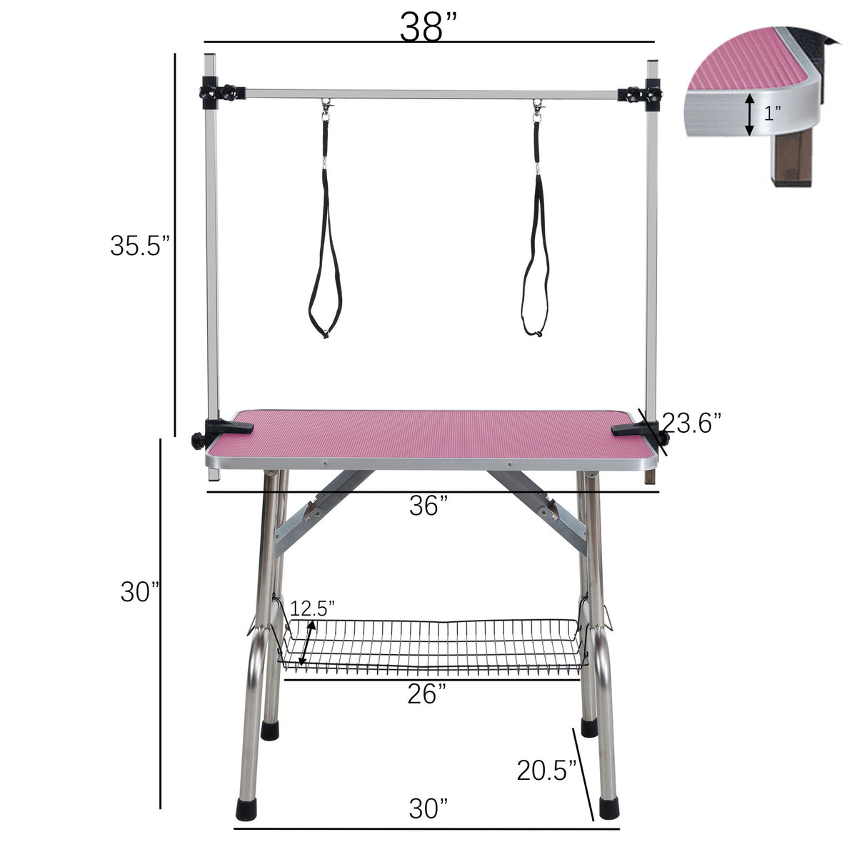 Mesa de aseo plegable para perros y gatos con marco de acero inoxidable y alfombrilla de goma integrada, brazo ajustable y abrazaderas.
