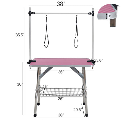 Mesa de aseo plegable para perros y gatos con marco de acero inoxidable y alfombrilla de goma integrada, brazo ajustable y abrazaderas.