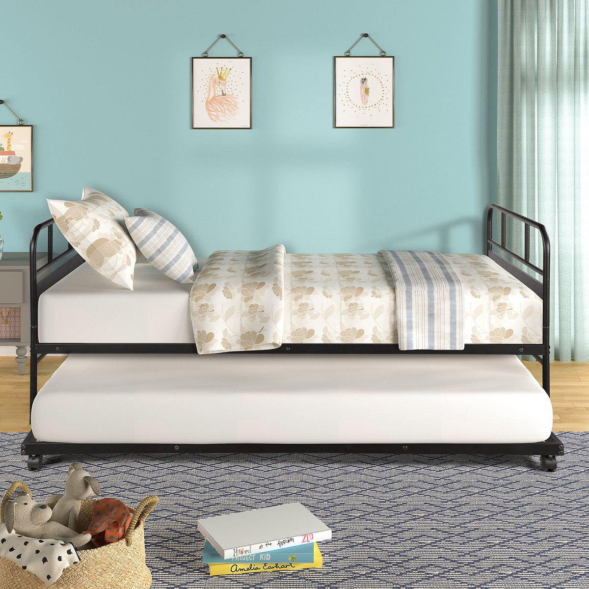 Cama nido individual con plataforma y ruedas integradas, color negro
