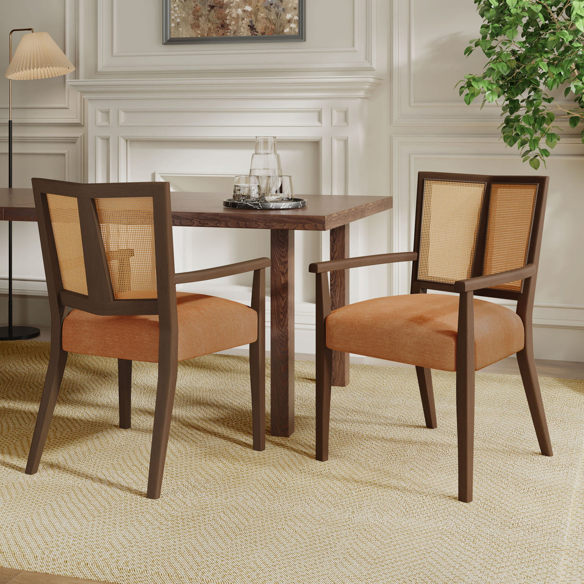 Mid Century Modern Arm Dining Chair Set With Rattan Backrest