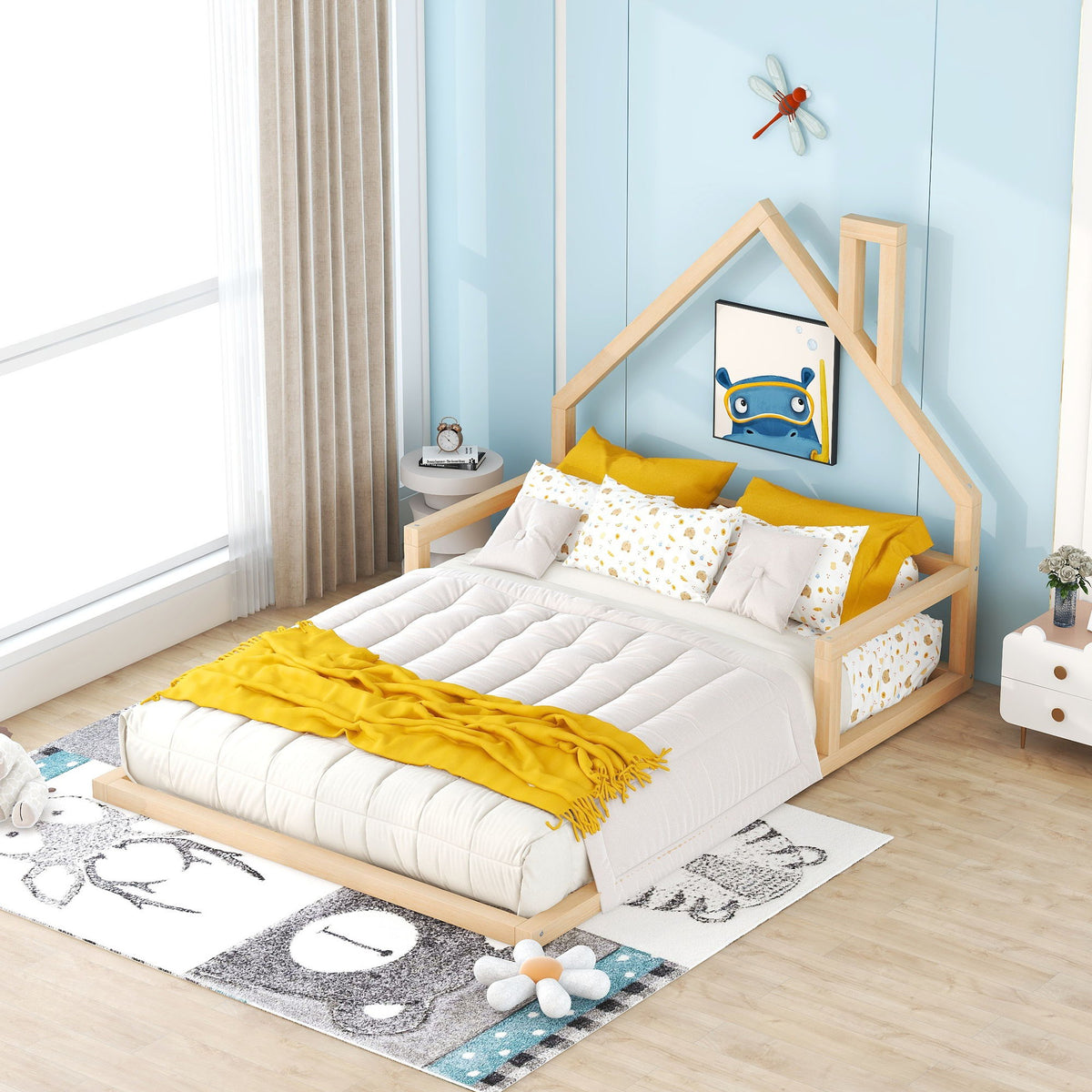 Elegant Floor Bed With House Shaped Headboard
