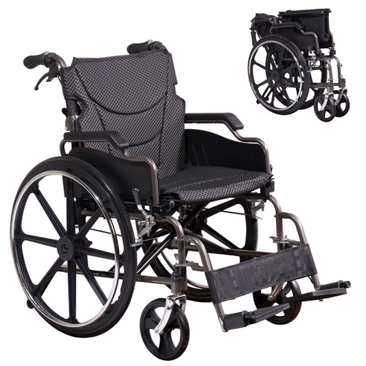 Lightweight Wheelchair Foldable For Adults, Manual Transport Chair With Double Brakes
