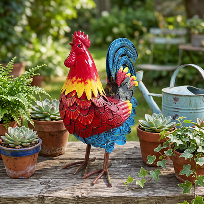 Wrought Rooster Garden Statue, Rooster Sculpture - Blue / Red / Brown