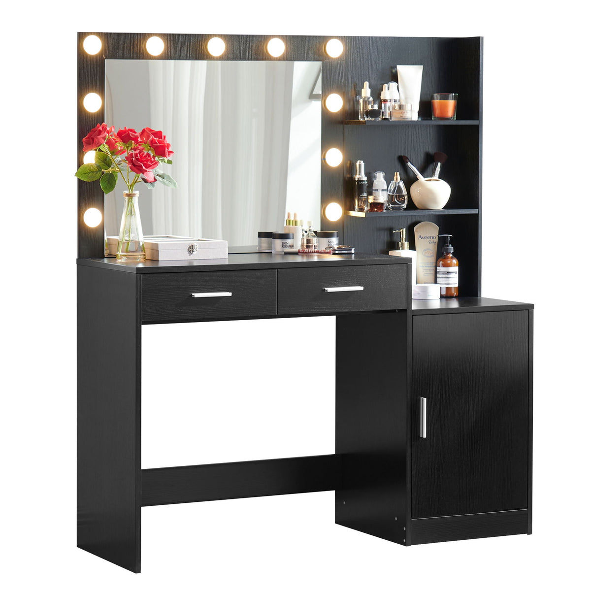Tocador con espejo e iluminación, tocador de 128 cm con 2 cajones grandes y organizador vertical grande, 3 niveles de altura y 3 modos de iluminación con brillo ajustable, ideal para dormitorio.