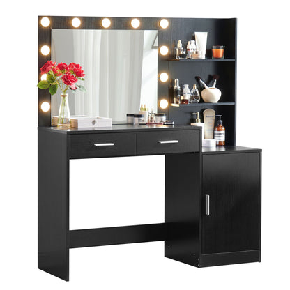Tocador con espejo e iluminación, tocador de 128 cm con 2 cajones grandes y organizador vertical grande, 3 niveles de altura y 3 modos de iluminación con brillo ajustable, ideal para dormitorio.