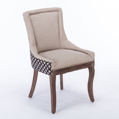 Silla de comedor Ultra Side, de tela gruesa con patas de madera maciza en tonos neutros y tachuelas de bronce (juego de 2)