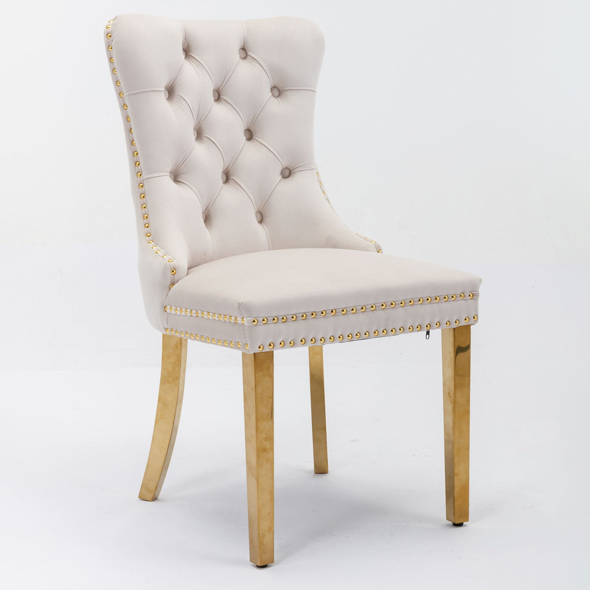 Nikki - Silla de comedor moderna y de alta gama, de madera maciza capitoné, tapizada en terciopelo, con patas de acero inoxidable dorado y ribete de tachuelas (juego de 2)
