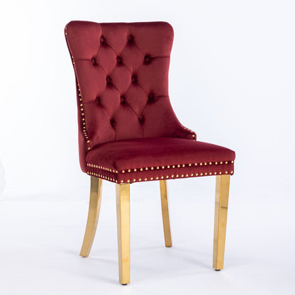 Nikki - Silla de comedor moderna y de alta gama, de madera maciza capitoné, tapizada en terciopelo, con patas de acero inoxidable dorado y ribete de tachuelas (juego de 2)