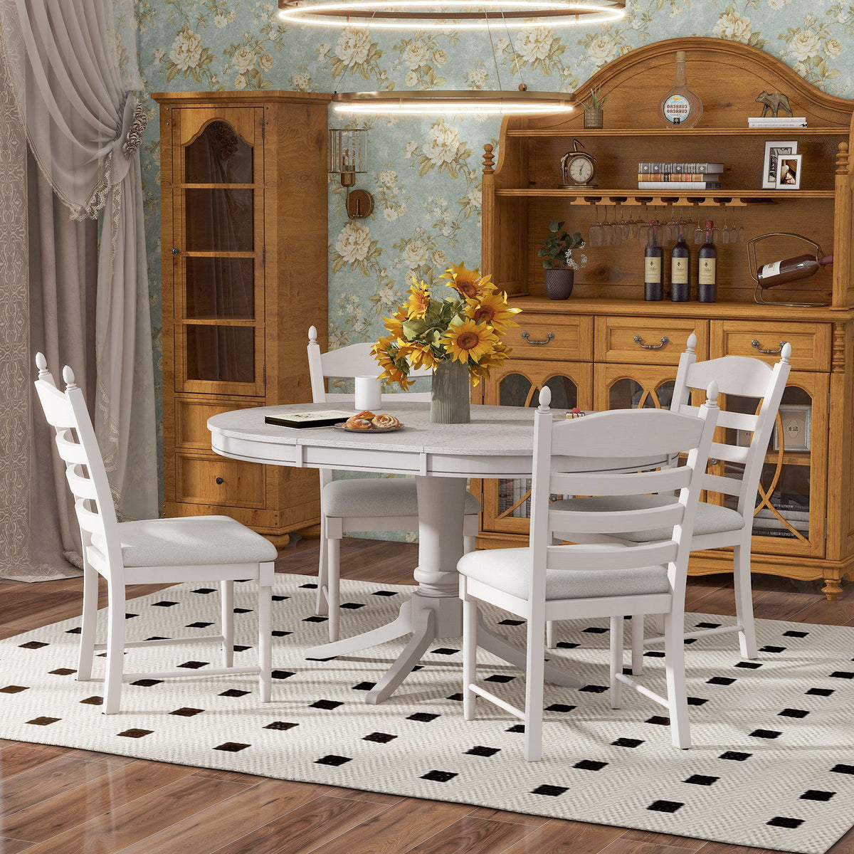 Trexm 5-Piece Retro Functional Dining Table Set Wood Round Extendable Dining Table And 4 Upholstered Dining Chairs (Antique White)