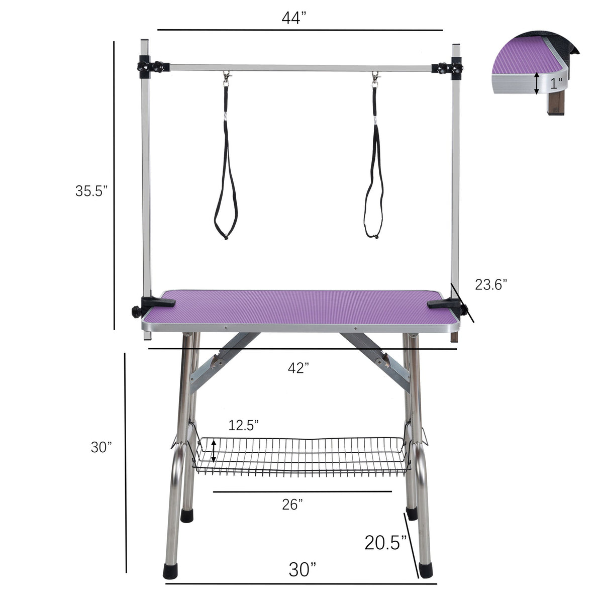 Mesa de aseo plegable para perros y gatos con marco de acero inoxidable y alfombrilla de goma integrada, brazo ajustable y abrazaderas.