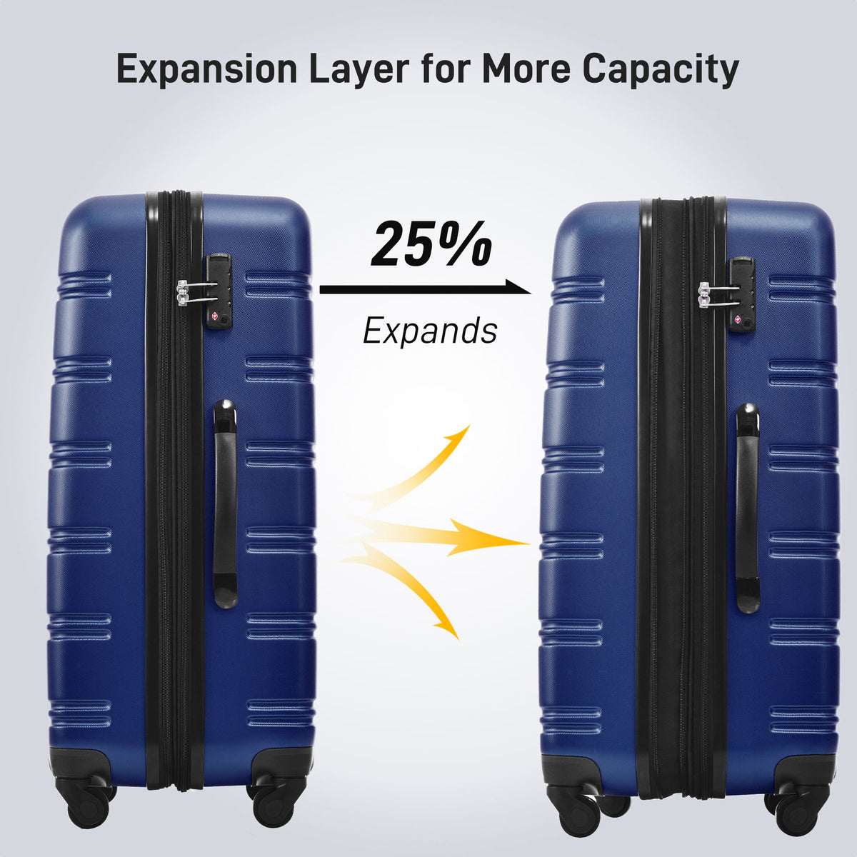 Juego de 3 maletas rígidas con ruedas y cerradura TSA, disponibles en 20, 24 y 28 pulgadas.