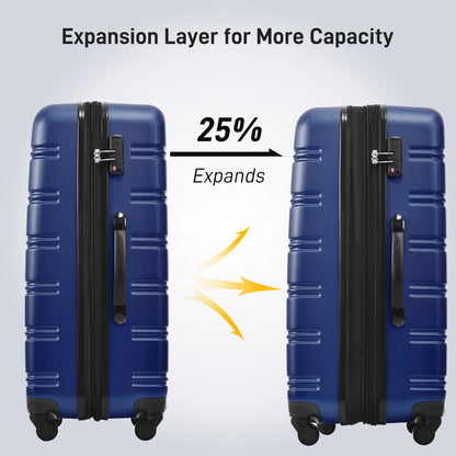 Juego de 3 maletas rígidas con ruedas y cerradura TSA, disponibles en 20, 24 y 28 pulgadas.