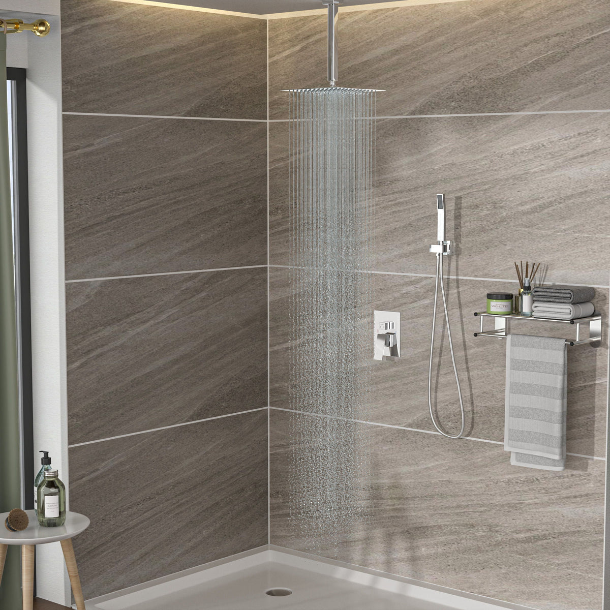 Modern Dual Shower Head System With 16" Ceiling Mount Finish, Stainless Steel And Brass