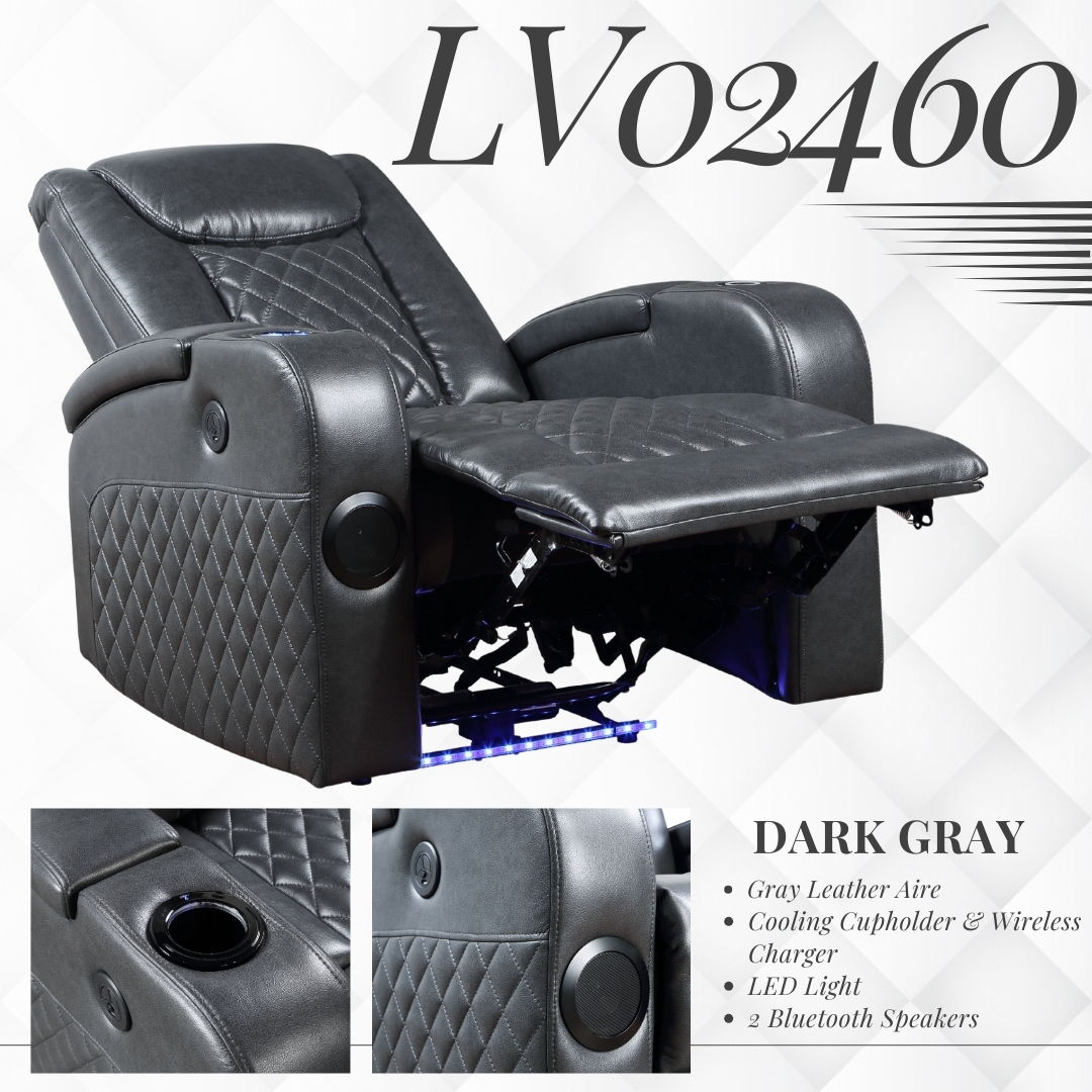 Alair - Sillón reclinable eléctrico Aire de cuero con Bluetooth y cargador inalámbrico, color gris oscuro