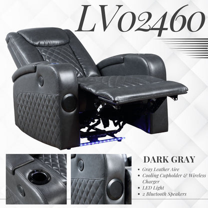 Alair - Sillón reclinable eléctrico Aire de cuero con Bluetooth y cargador inalámbrico, color gris oscuro