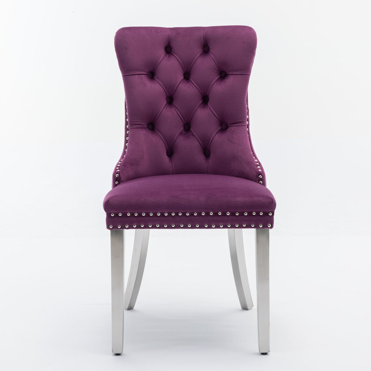 Nikki - Silla de comedor moderna y de alta gama, de madera maciza capitoné, tapizada en terciopelo, con patas de acero inoxidable cromado y ribete de tachuelas (juego de 2)
