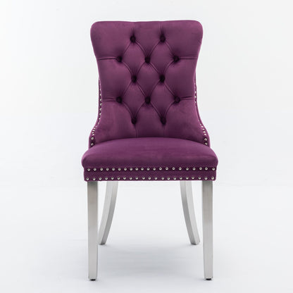 Nikki - Silla de comedor moderna y de alta gama, de madera maciza capitoné, tapizada en terciopelo, con patas de acero inoxidable cromado y ribete de tachuelas (juego de 2)