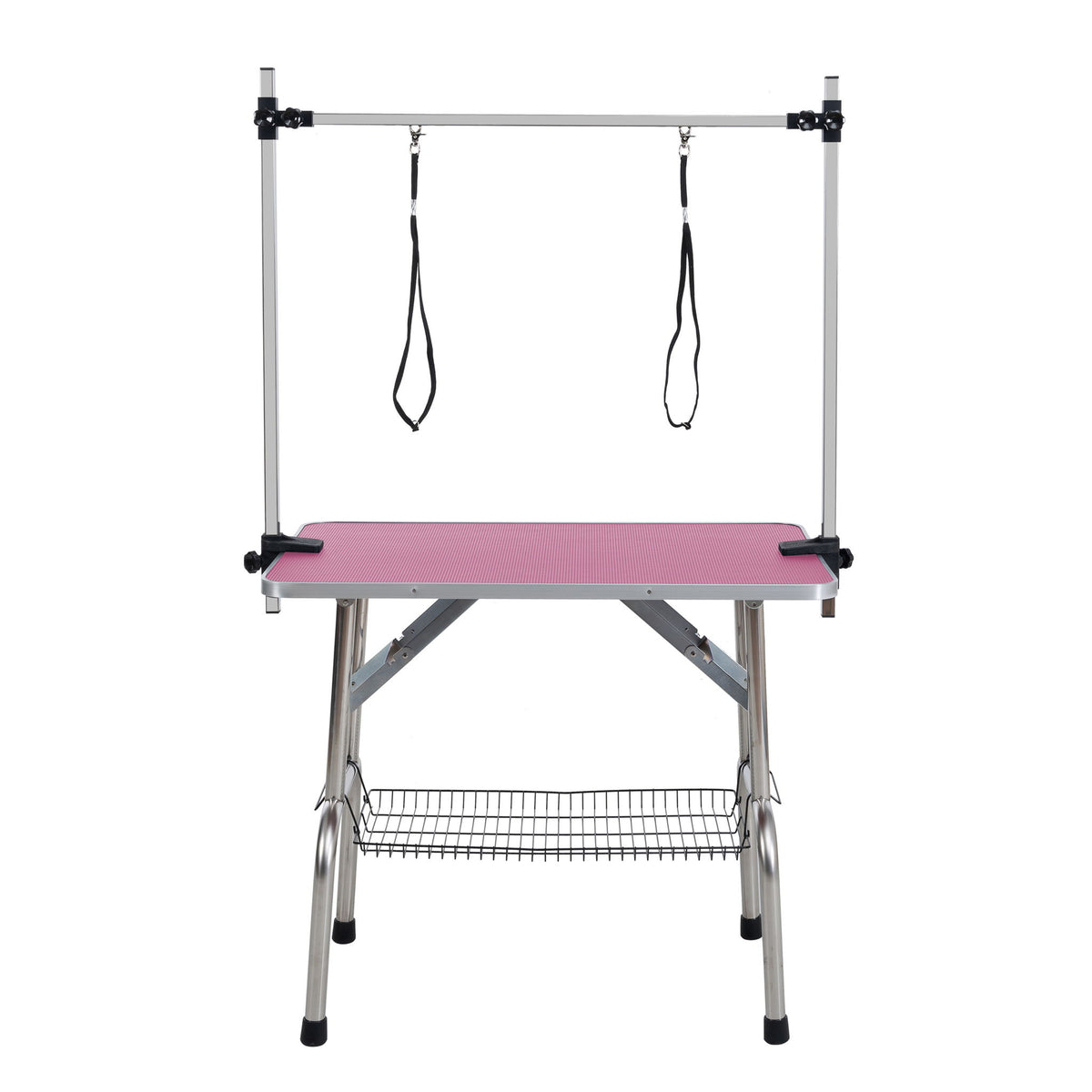 Mesa de aseo plegable para perros y gatos con marco de acero inoxidable y alfombrilla de goma integrada, brazo ajustable y abrazaderas.