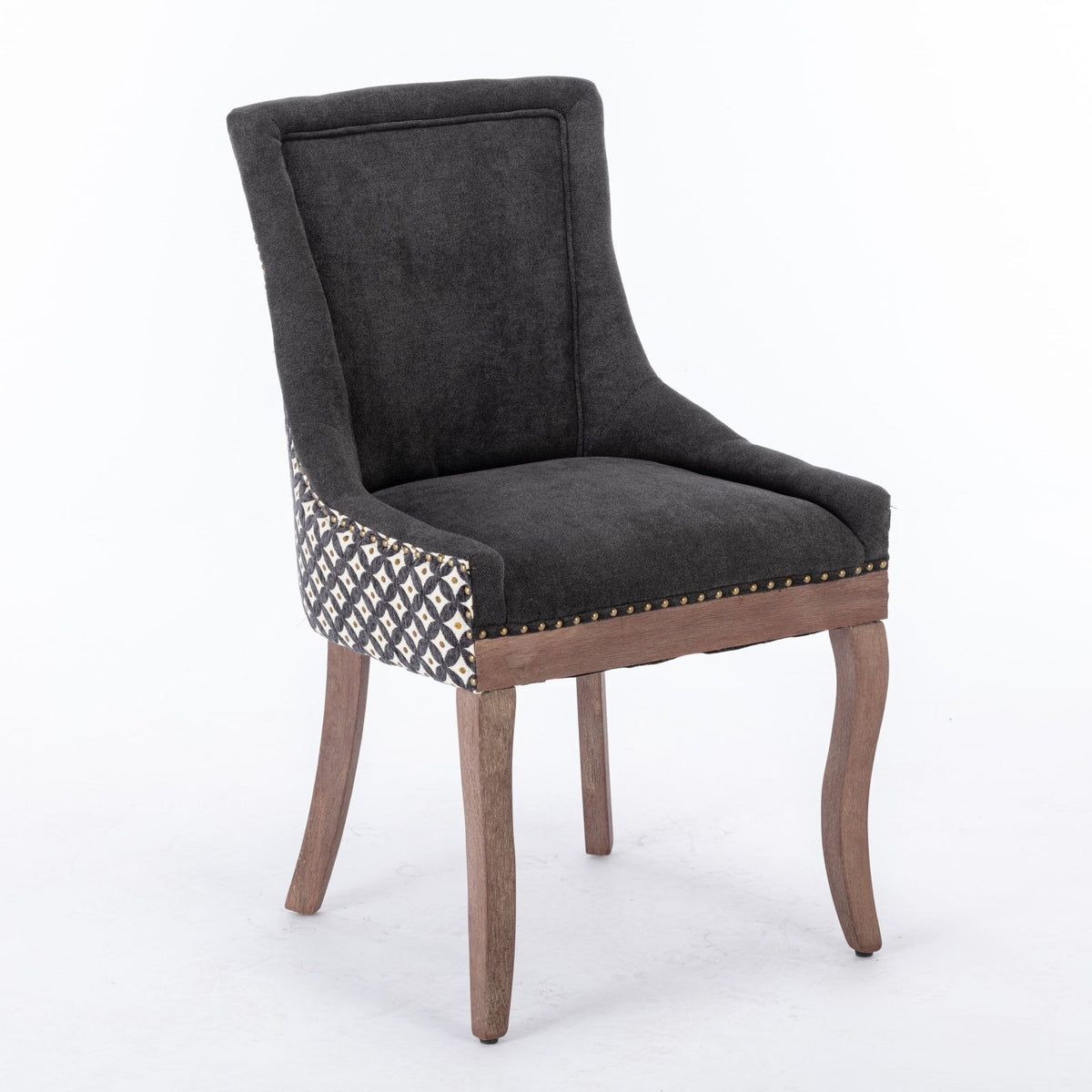Silla de comedor Ultra Side, de tela gruesa con patas de madera maciza en tonos neutros y tachuelas de bronce (juego de 2)
