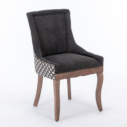 Silla de comedor Ultra Side, de tela gruesa con patas de madera maciza en tonos neutros y tachuelas de bronce (juego de 2)
