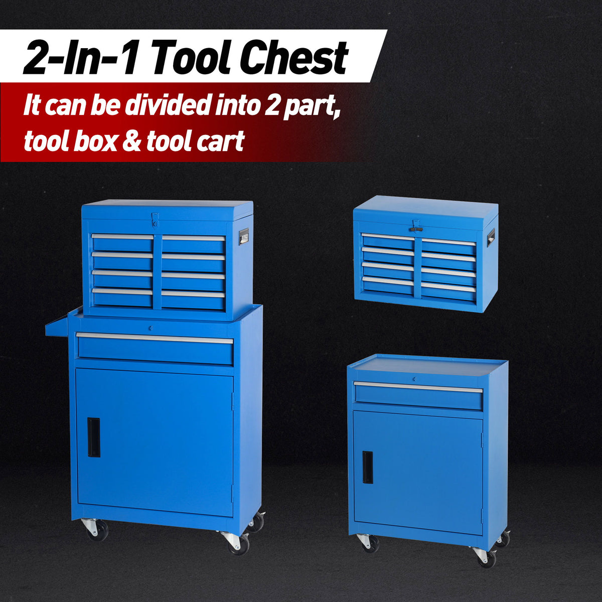 Tool Chest, 5 Drawer Rolling Tool Storage Cabinet With Detachable Top Tool Box, Liner, Universal Lockable Wheels, Adjustable Shelf, Locking Mechanism, Metal Tool Cart For Garage Workshop
