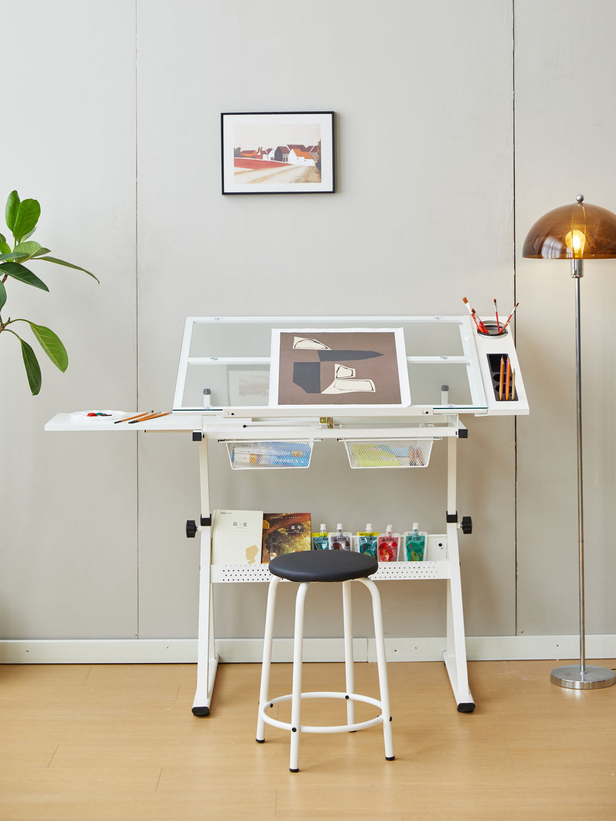 Mesa de dibujo e impresión de vidrio templado ajustable con silla