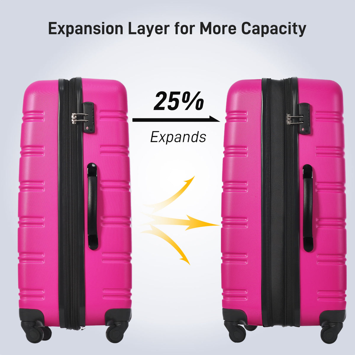 Juego de 3 maletas rígidas con ruedas y cerradura TSA, disponibles en 20, 24 y 28 pulgadas.