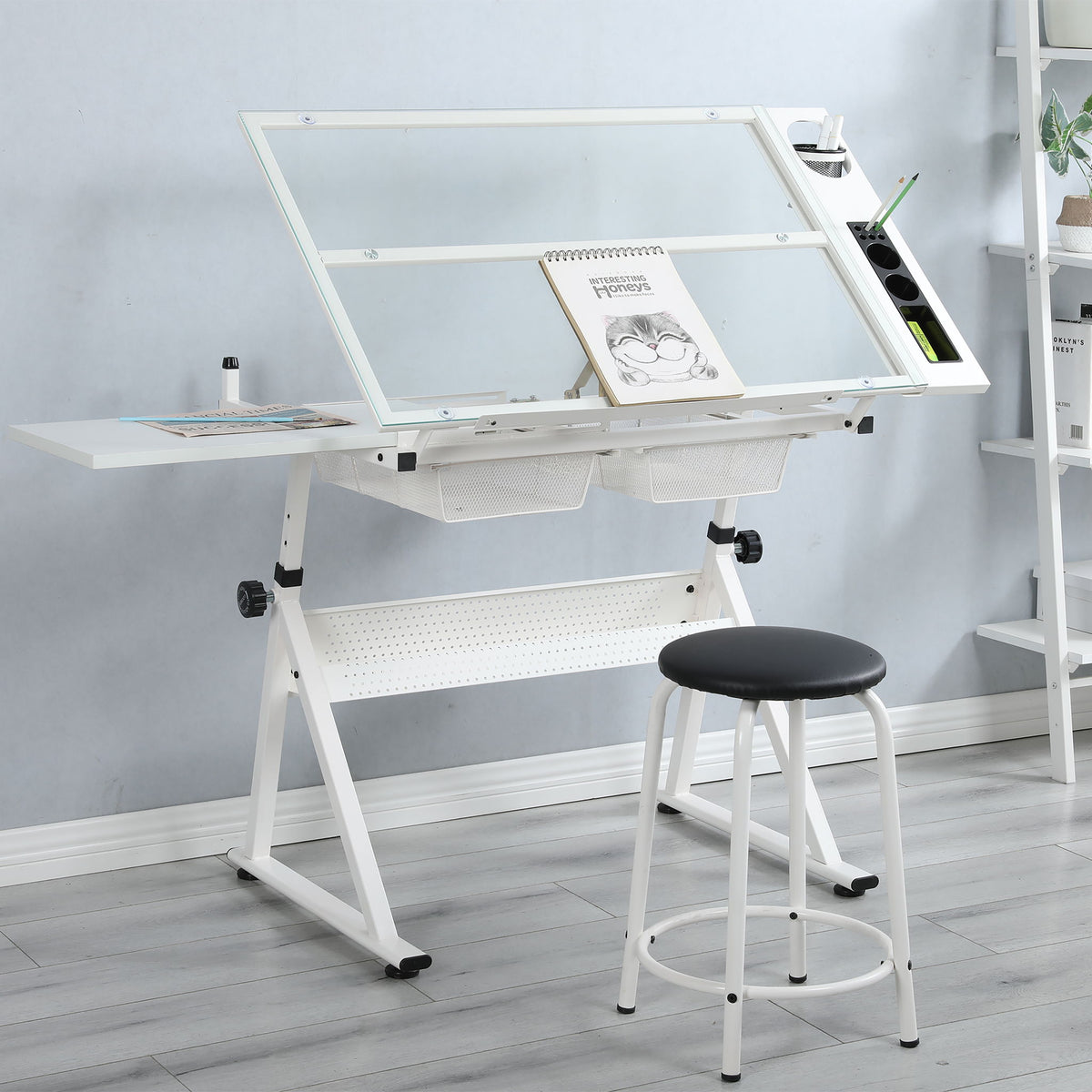 Mesa de dibujo e impresión de vidrio templado ajustable con silla