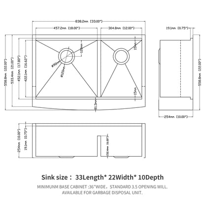 Double Bowl Farmhouse Sink Workstation 33" Stainless Steel 16 Gauge Apron Front - Brushed Nickel