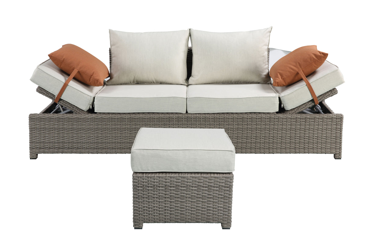Salena - Sofá de mimbre para patio, otomana y dos cojines, para todo tipo de clima, beige/gris