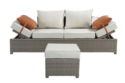 Salena - Sofá de mimbre para patio, otomana y dos cojines, para todo tipo de clima, beige/gris