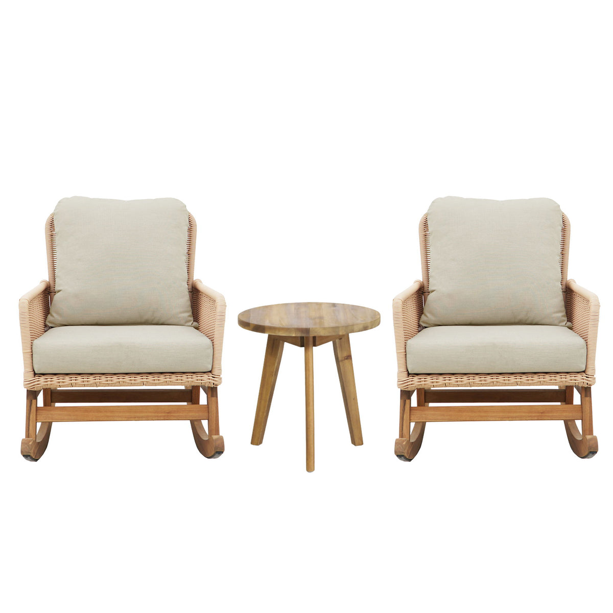 Modern 3 Piece Outdoor Seating Set With Cushioned Rattan Rocking Chairs And Wooden Accent Table