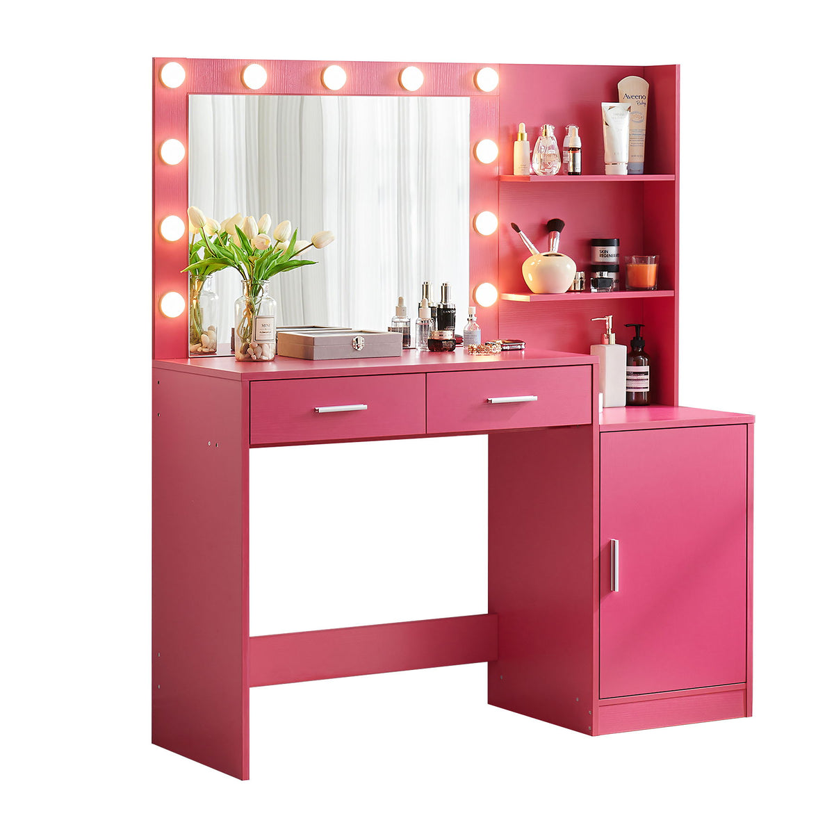 Tocador con espejo e iluminación, tocador de 128 cm con 2 cajones grandes y organizador vertical grande, 3 niveles de altura y 3 modos de iluminación con brillo ajustable, ideal para dormitorio.