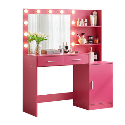 Tocador con espejo e iluminación, tocador de 128 cm con 2 cajones grandes y organizador vertical grande, 3 niveles de altura y 3 modos de iluminación con brillo ajustable, ideal para dormitorio.