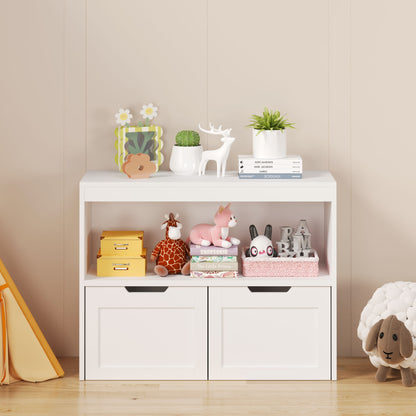 Book Organizer With Large Drawers And Open Shelves, Toy Storage Cabinet With Removable Wheels And Rounded Edges - White